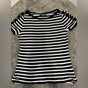 Ralph Lauren Black and White Striped Tee with Gold Accents